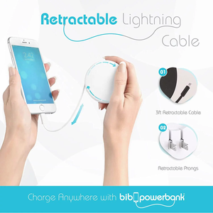 White Bibicord Portable Wall Charger with lightning iPhone, Universal Type C or Micro Retractable Cable & 2500 mAh Battery (Provide 50% Coverage) 3-in-One Accessory Compatible with OnePlus, Samsung, Google, Sony, LG