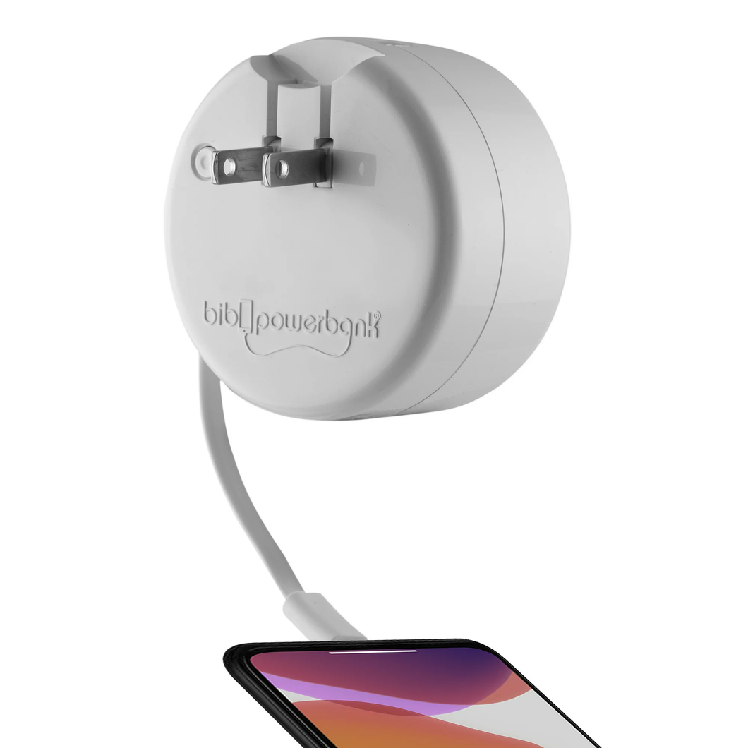 White Bibicord Portable Wall Charger with lightning iPhone, Universal Type C or Micro Retractable Cable & 2500 mAh Battery (Provide 50% Coverage) 3-in-One Accessory Compatible with OnePlus, Samsung, Google, Sony, LG